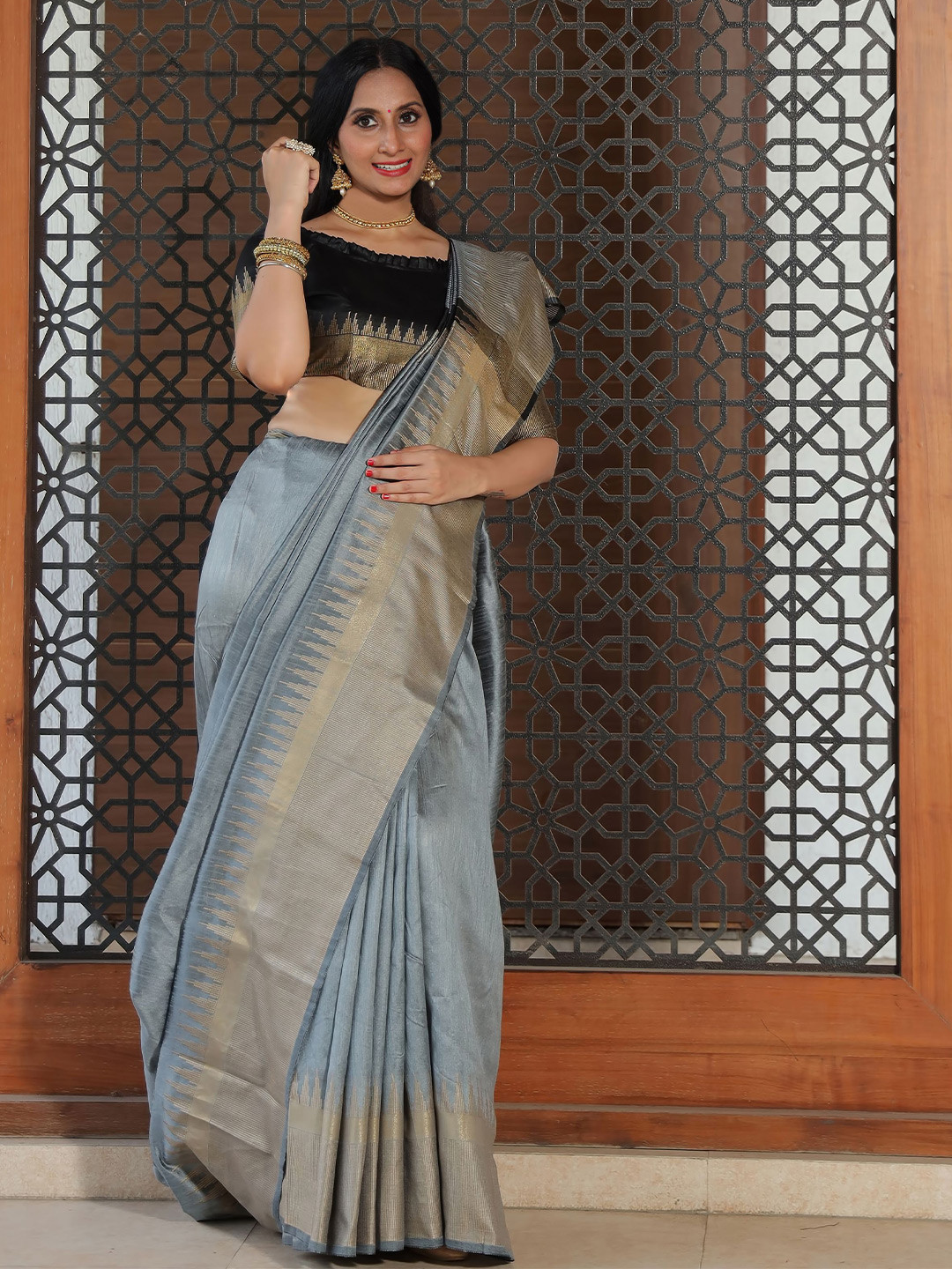 

Anouk Grey Geometric Woven Design Zari Saree