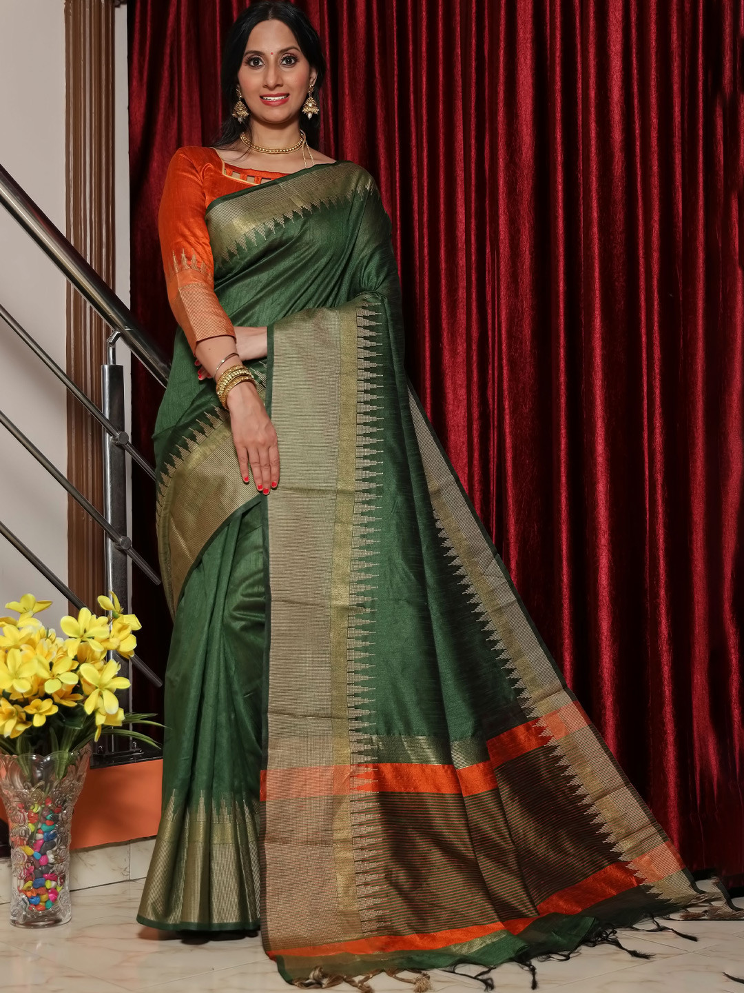 

Anouk Green Geometric Woven Design Zari Saree