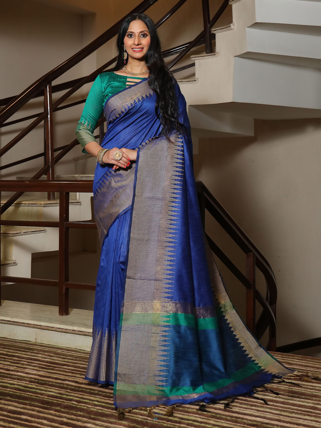 

Anouk Navy Blue Woven Design Border Zari Saree