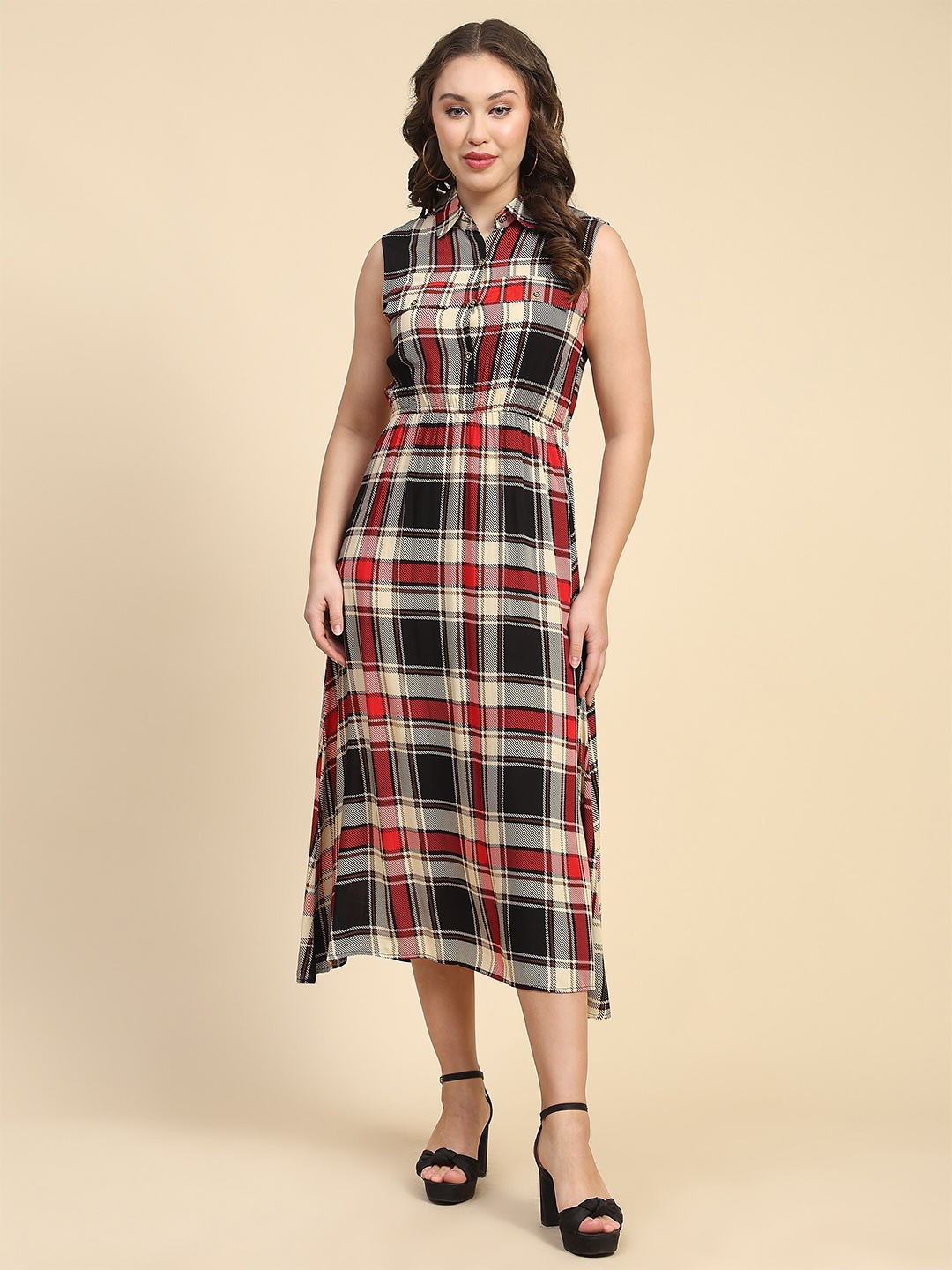 

BAESD Checked Cotton A-Line Midi Dress, Red