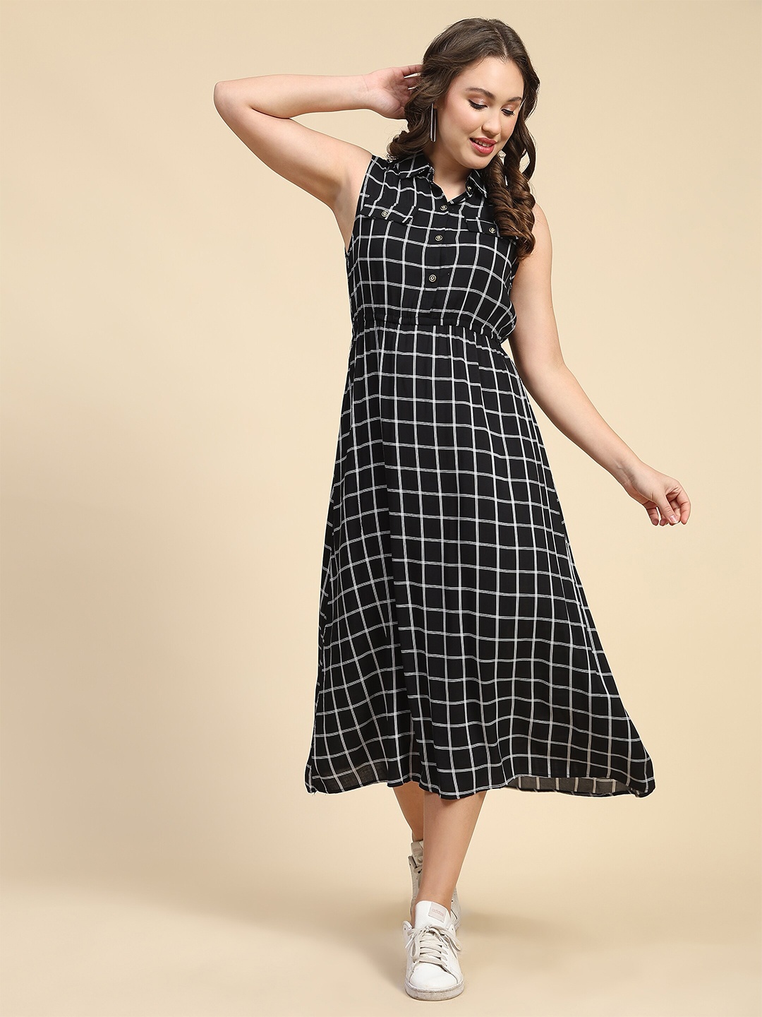 

BAESD Checked Cotton A-Line Midi Dress, Black