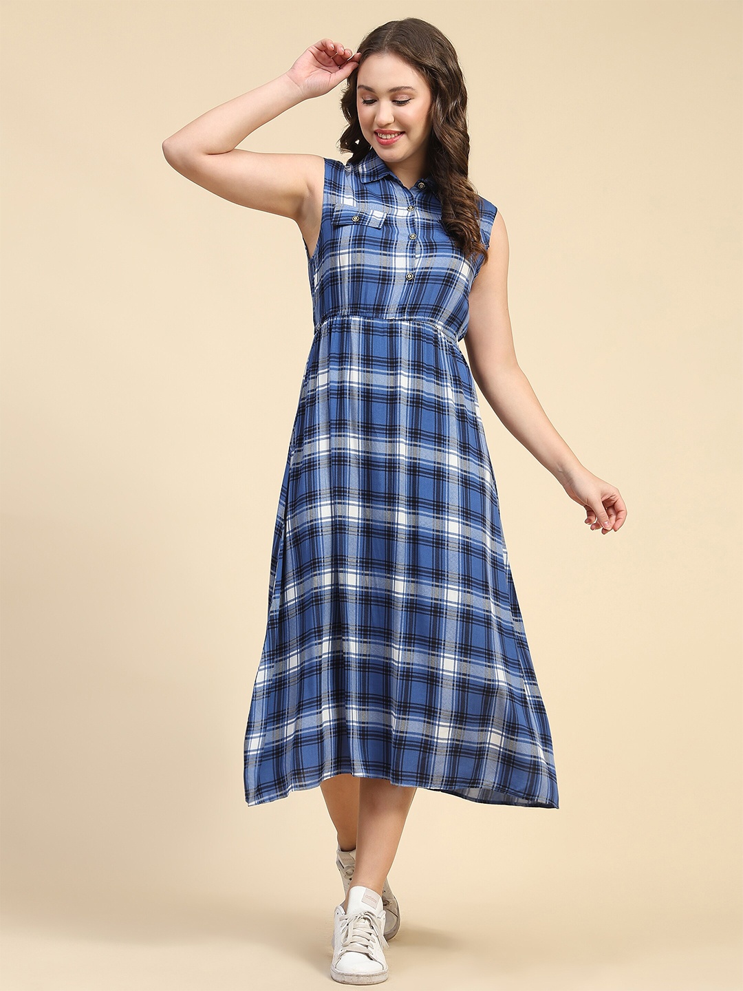 

BAESD Checked Cotton A-Line Midi Dress, Blue