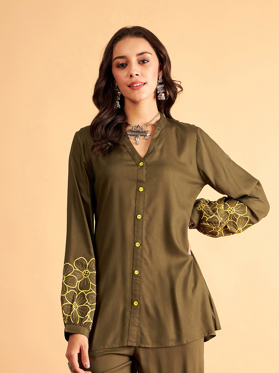 

Shae by SASSAFRAS Embroidered Notched Neck Shirt, Olive