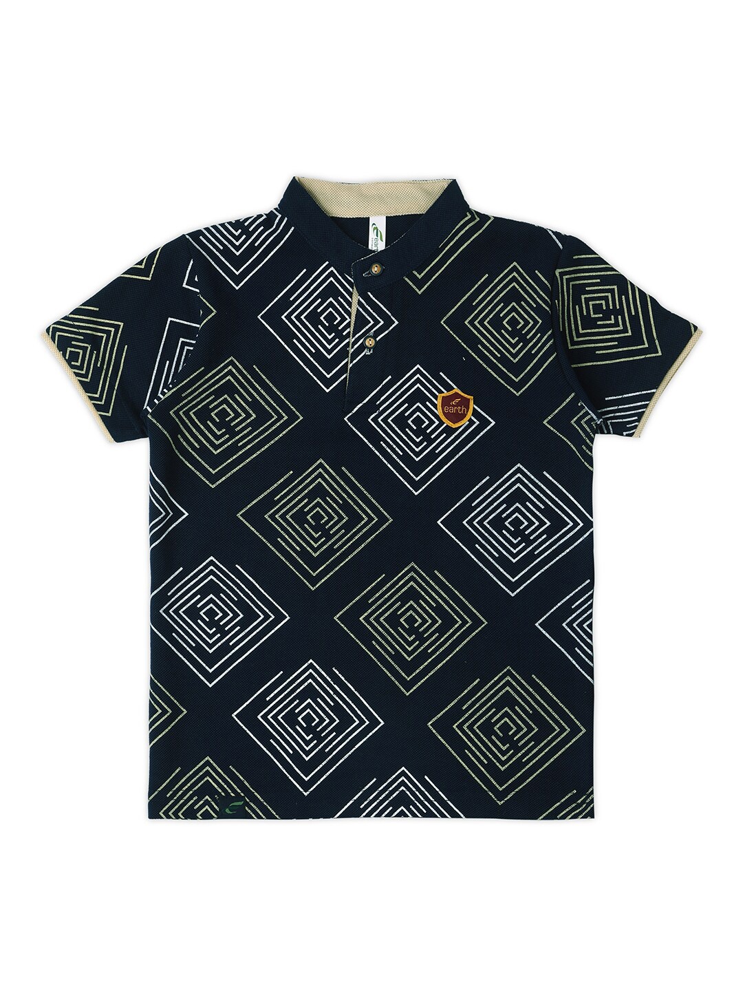 

earth conscious Boys Geometric Printed Henley Neck Cotton T-shirt, Navy blue