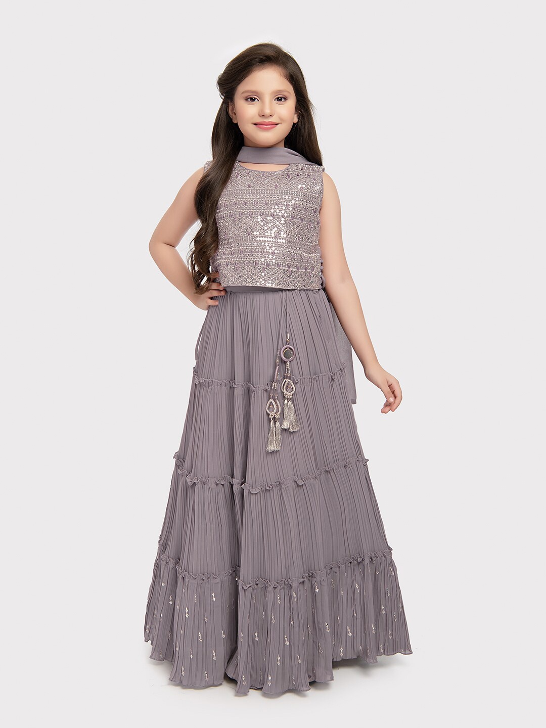 

BETTY Girls Embellished Sequinned Ready To Wear Lehenga & Blouse With Dupatta, Purple