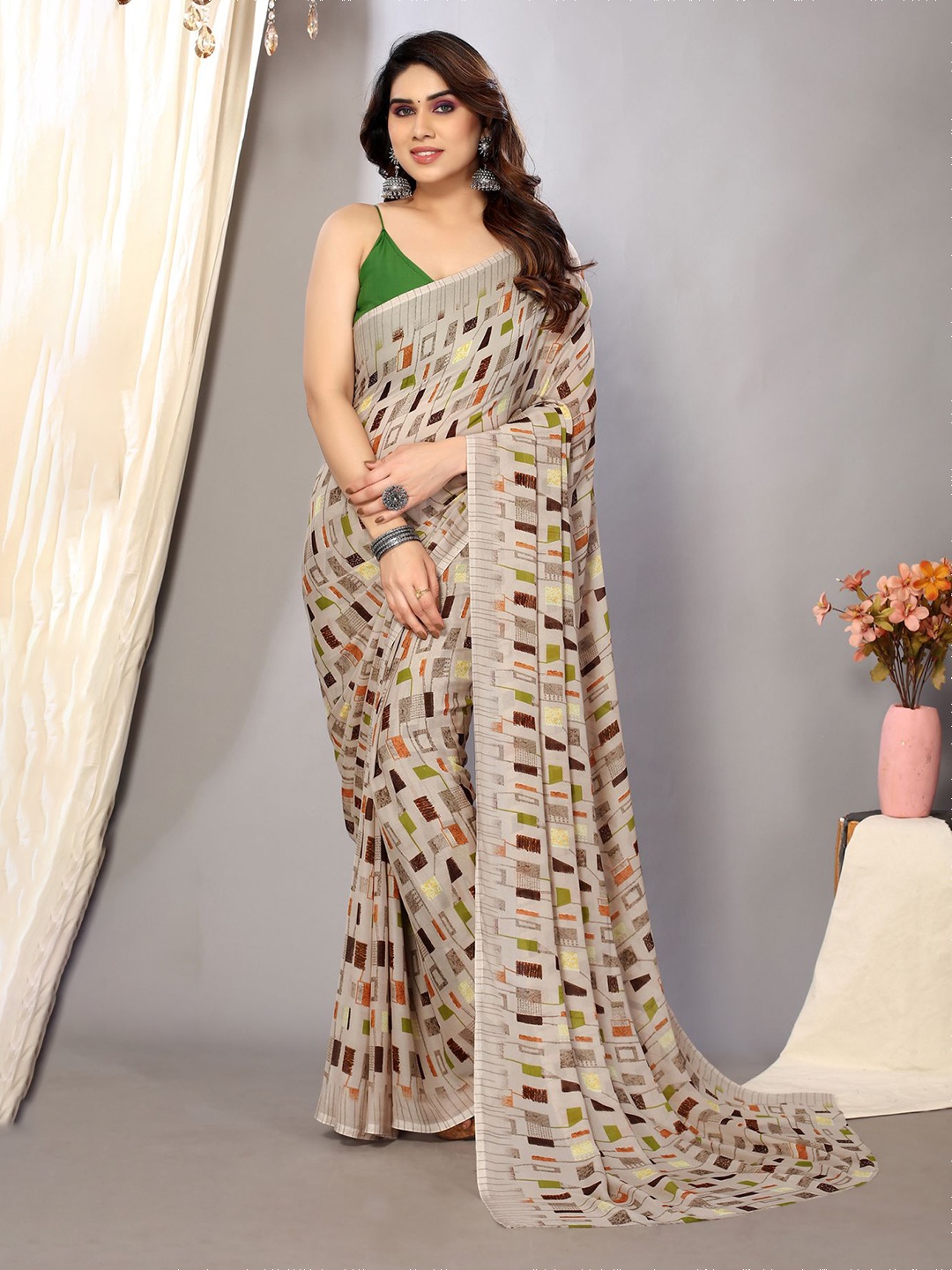 

ANAND SAREES Geometric Printed Saree, Beige