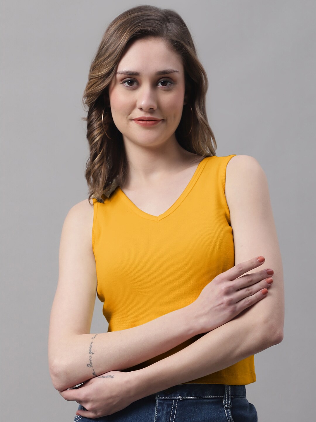 

FBAR V-Neck Sleeveless Cotton Crop T-shirt, Mustard