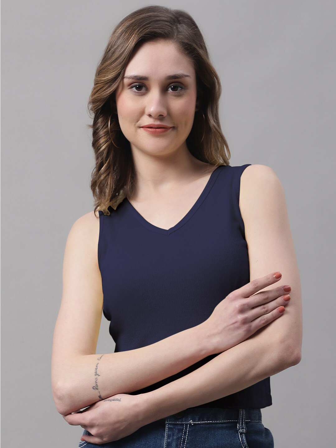 

FBAR V-Neck Sleeveless Cotton Crop T-shirt, Navy blue