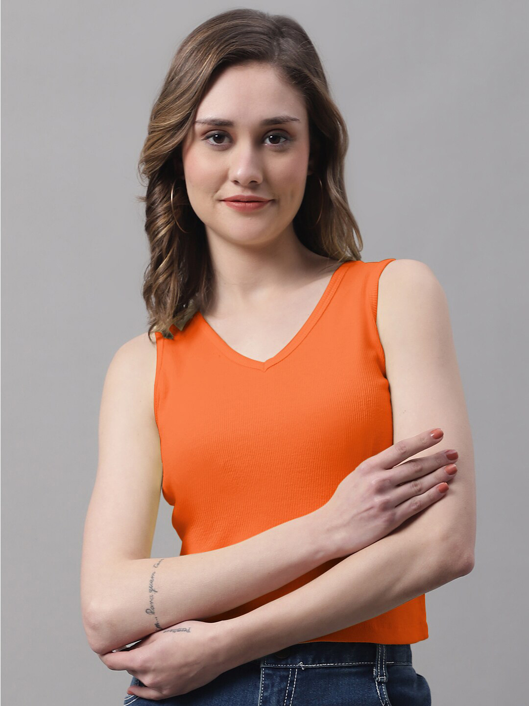 

FBAR V-Neck Sleeveless Cotton Crop T-shirt, Orange