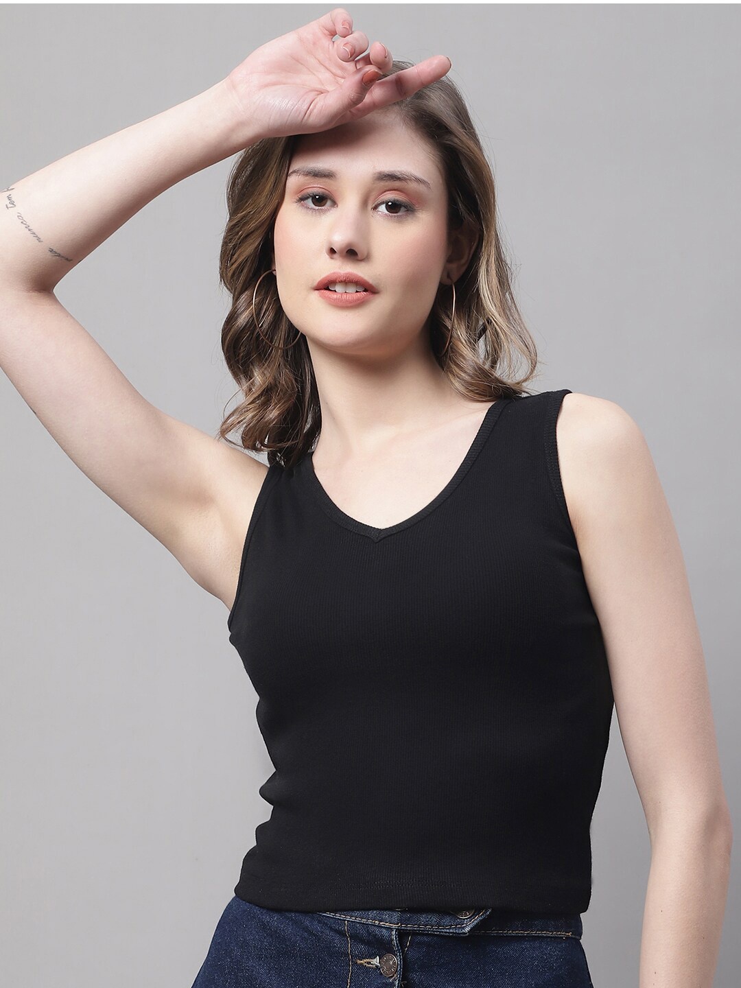 

FBAR V-Neck Sleeveless Cotton Crop T-shirt, Black