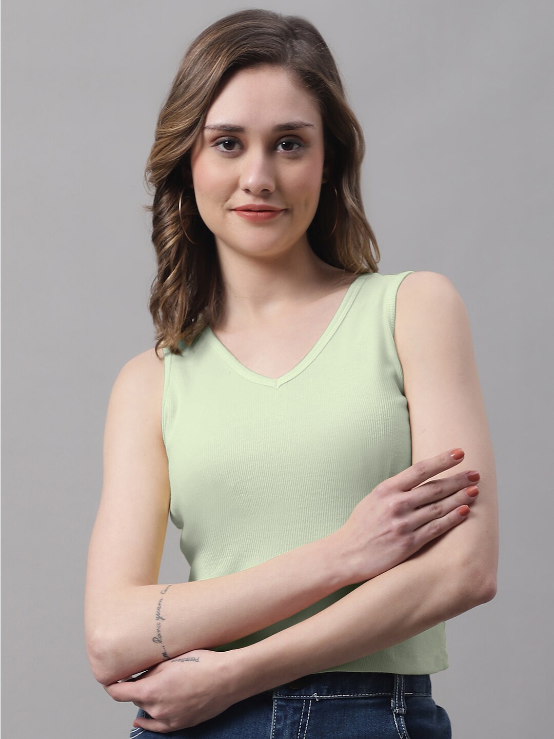 

FBAR V-Neck Sleeveless Cotton Crop T-shirt, Sea green