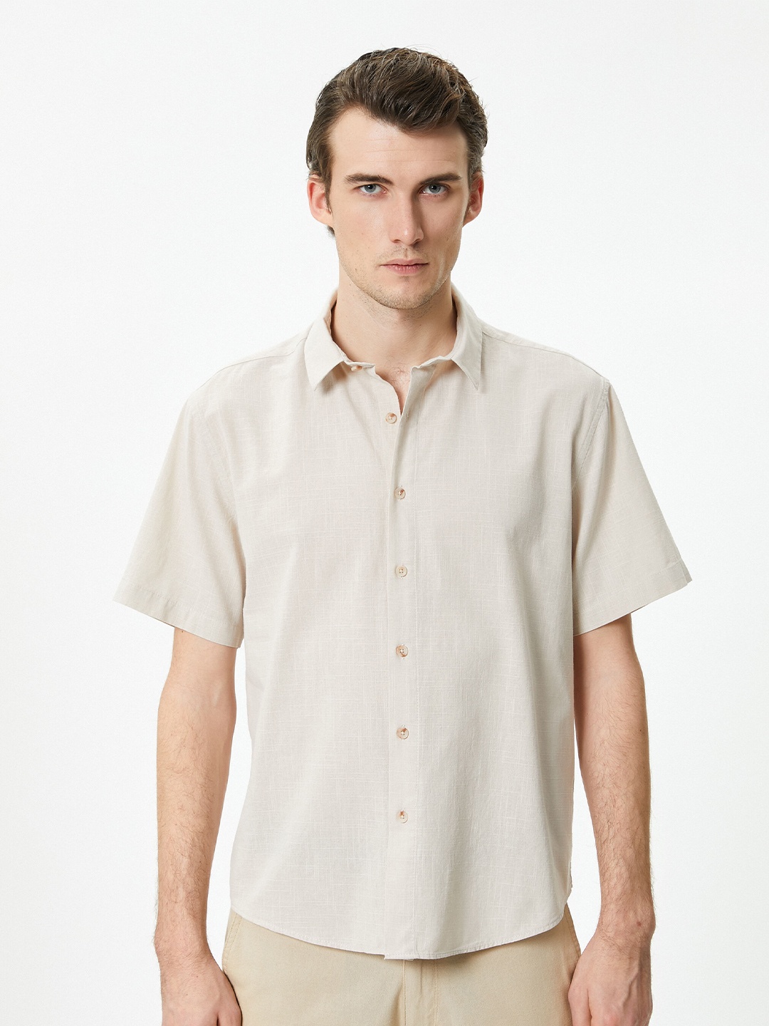 

Koton Spread Collar Short Sleeves Cotton Casual Shirt, Beige