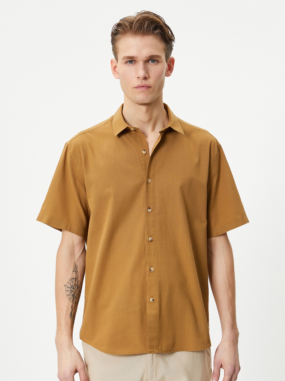 

Koton Spread Collar Short Sleeves Cotton Casual Shirt, Camel brown