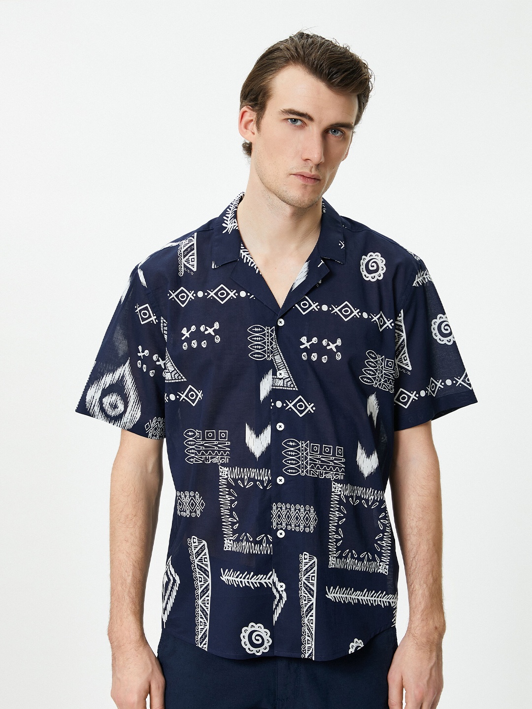 

Koton Typography Printed Cotton Spread Collar Short Sleeves Opaque Casual Shirt, Navy blue