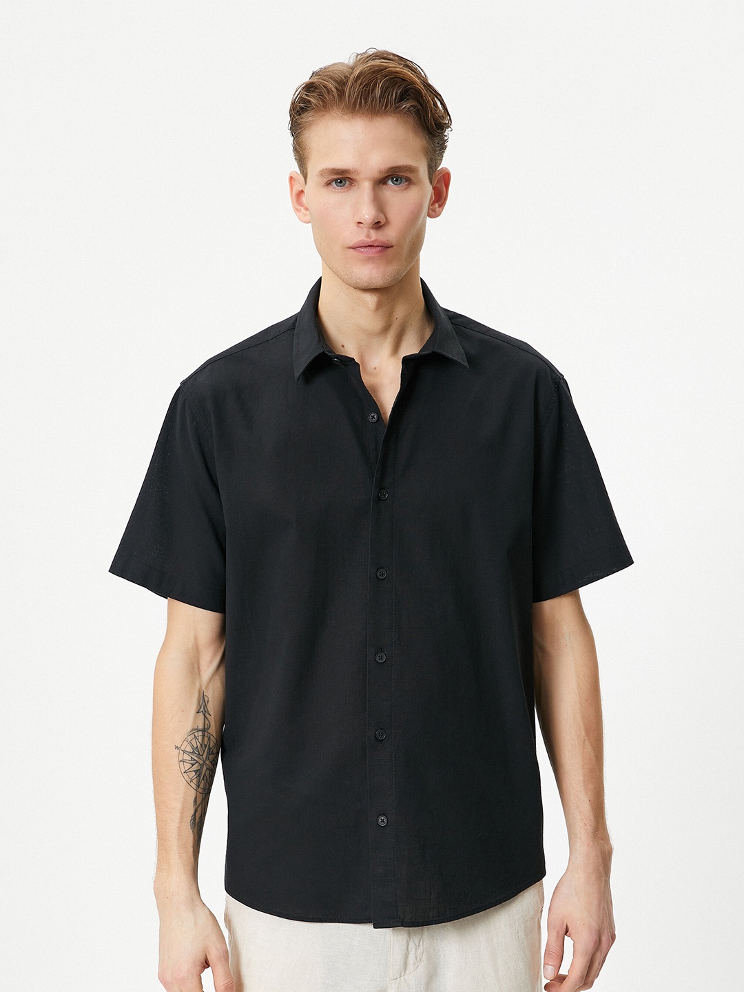 

Koton Cotton Spread Collar Short Sleeves Opaque Casual Shirt, Black