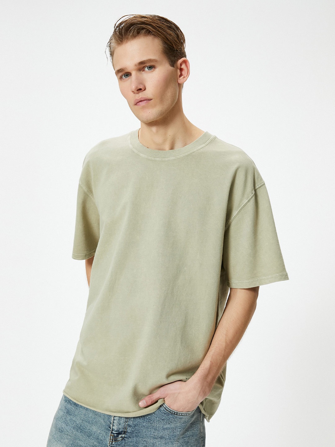 

Koton Drop-Shoulder Sleeves Oversized Pure Cotton T-shirt, Khaki