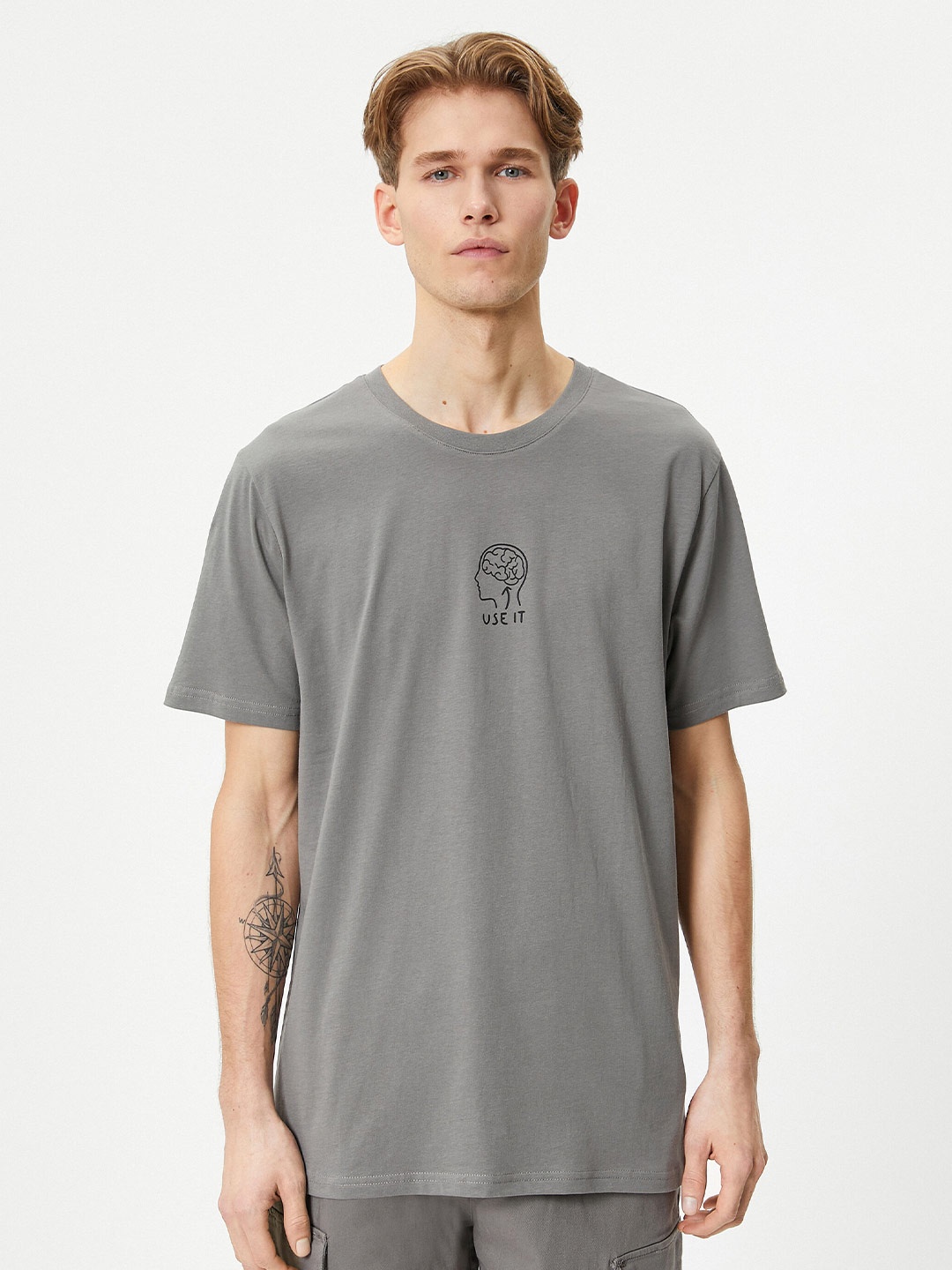 Koton Drop Shoulder Sleeves Pure Cotton Slim Fit T-Shirt, Grey