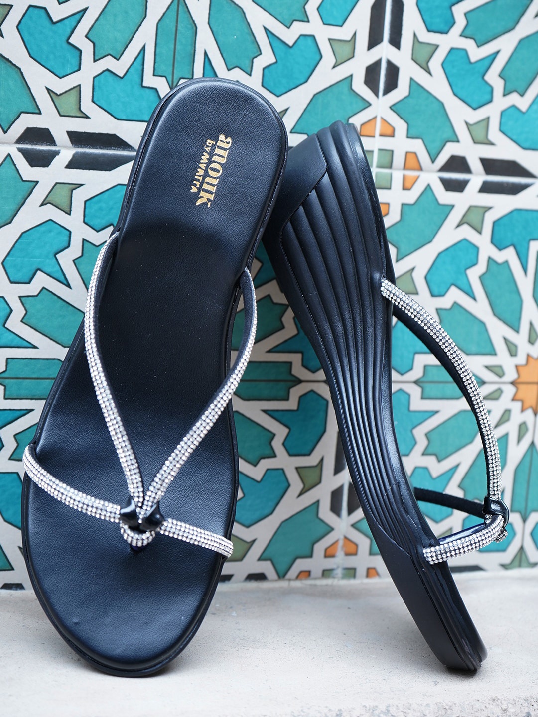 

Anouk Black Embellished Open Toe Wedge Heels
