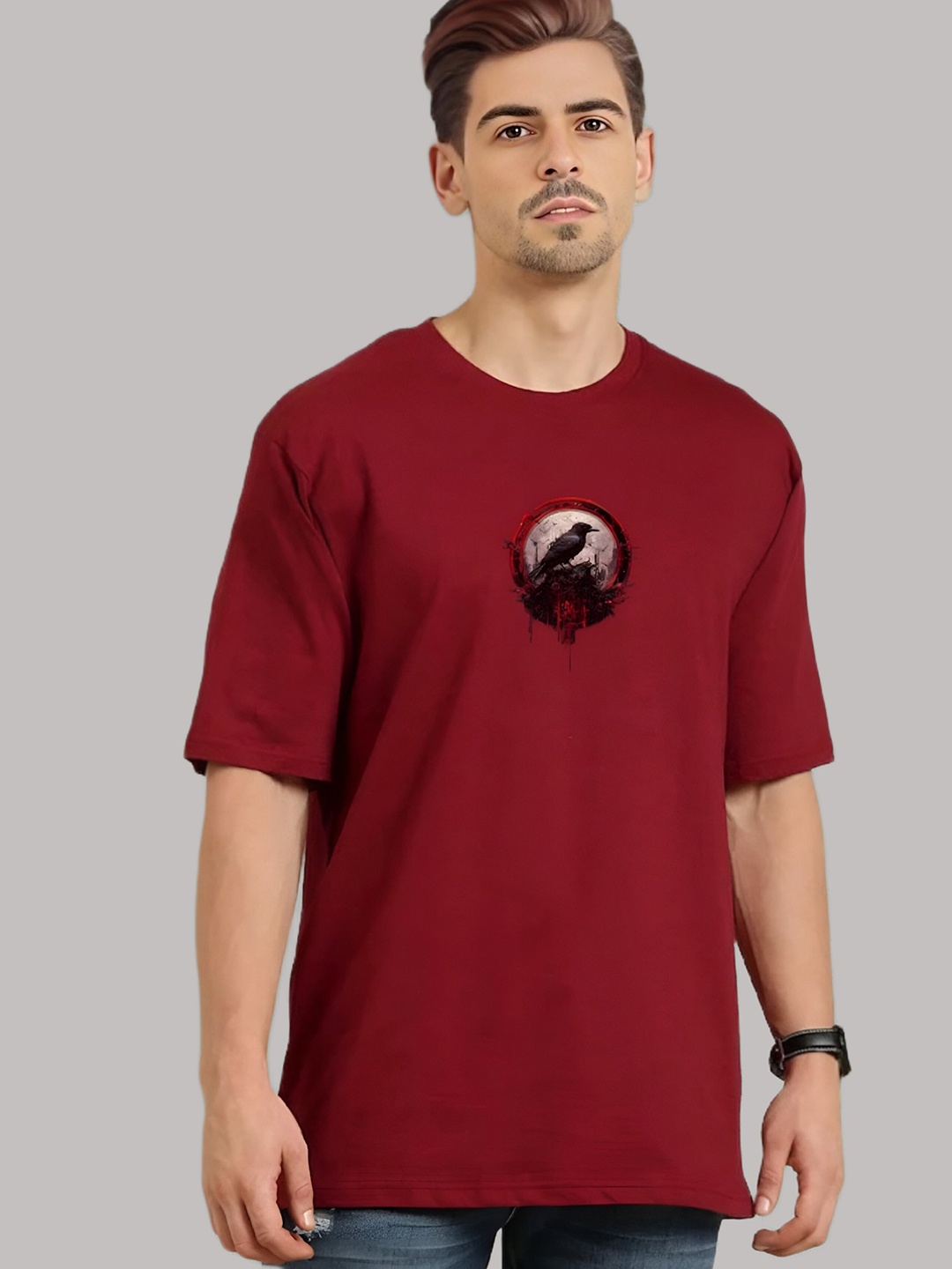 

Elibolz Graphic Printed Drop-Shoulder Oversized Cotton T-shirt, Maroon