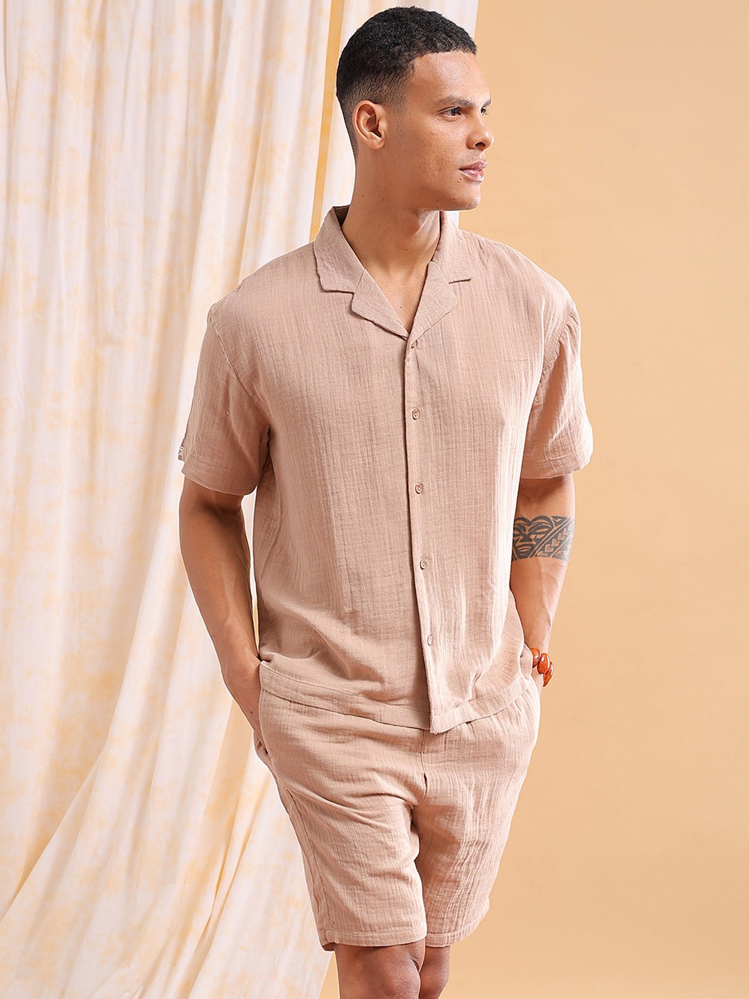 

The Indian Garage Co Lapel Collar Pure Cotton Shirt & Shorts, Khaki