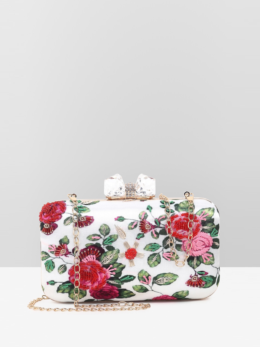 

Guhrl Floral Printed Embroidered Box Clutch, White