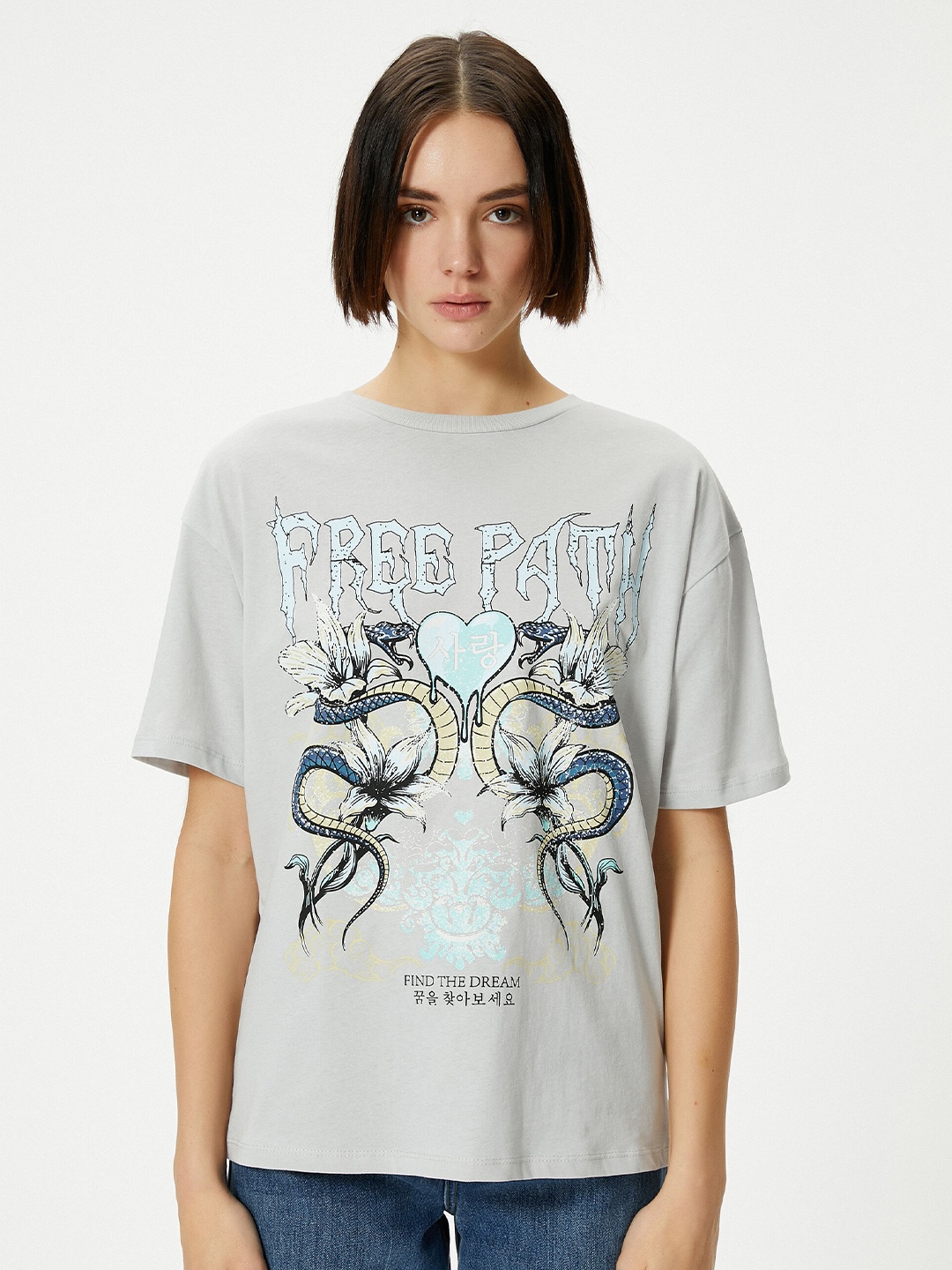 

Koton Graphic Printed Cotton T-shirt, Grey