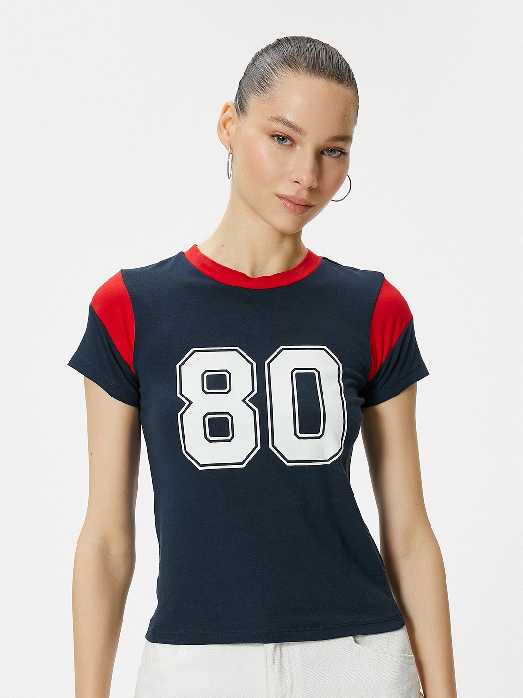 

Koton Typography Printed Slim Fit Round Neck T-shirt, Navy blue