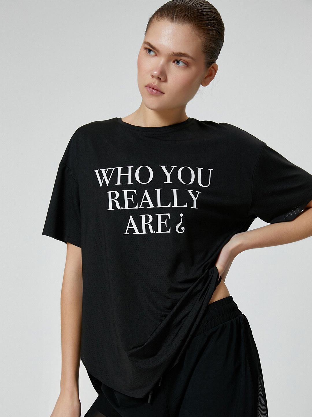 Koton Typography Printed Drop-Shoulder Sleeves Oversized T-shirt, Black