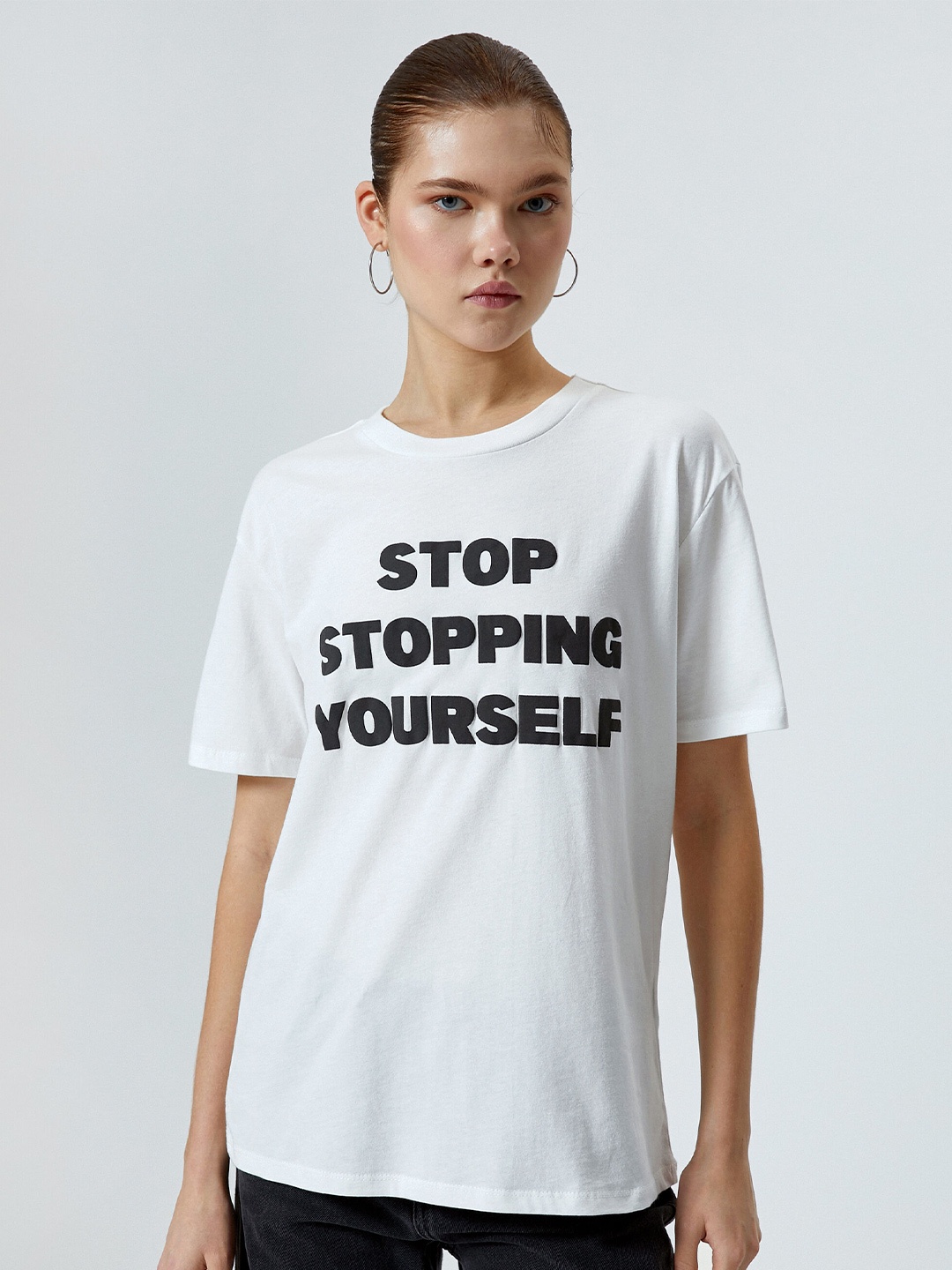 Koton Typography Printed Drop-Shoulder Sleeves Pure Cotton T-shirt, White