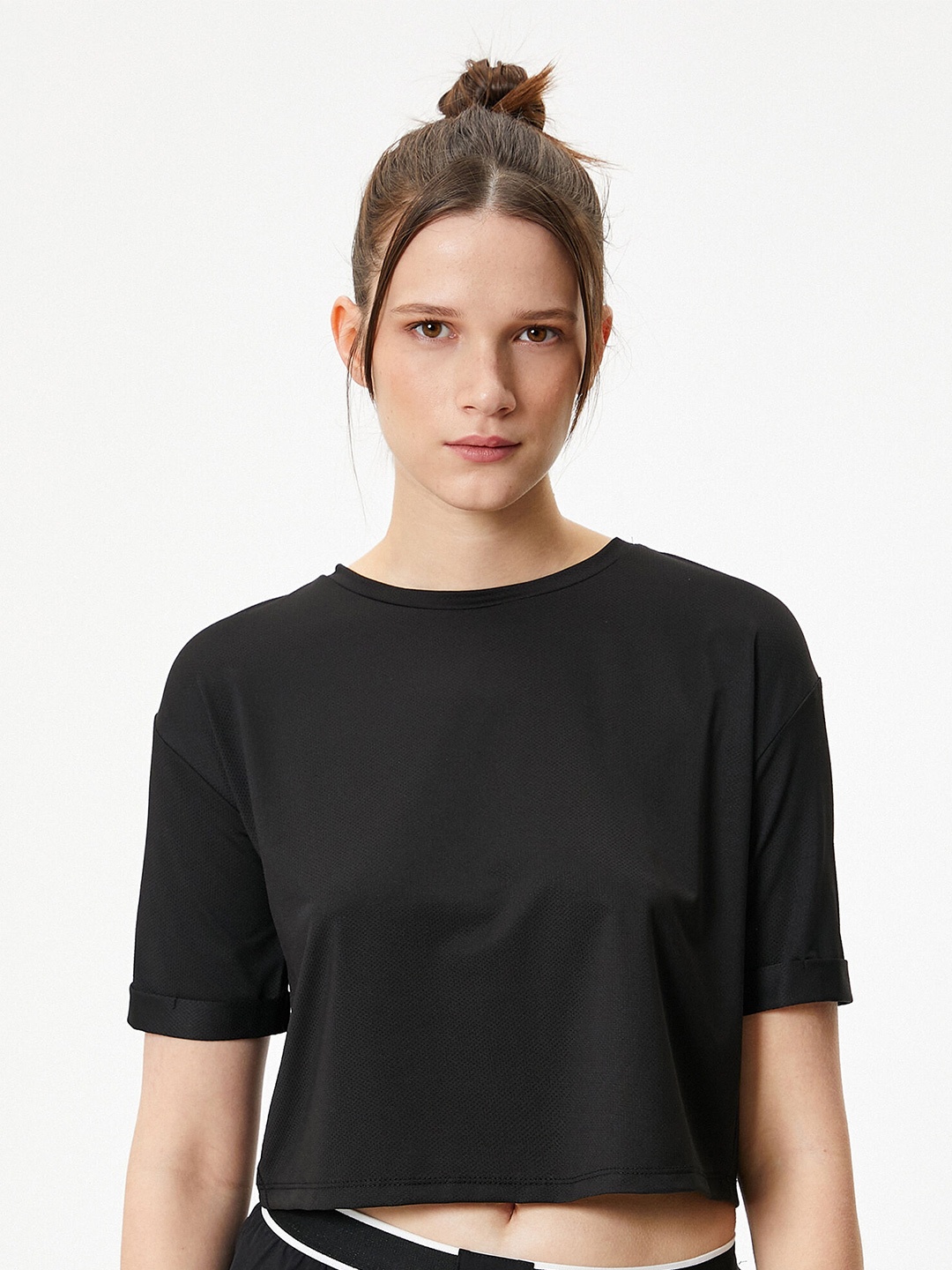 

Koton Round Neck Regular Sleeves Cut Outs Crop T-shirt, Black