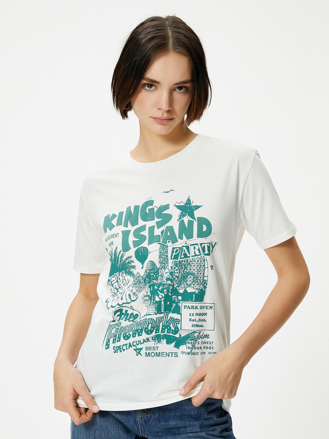 

Koton Graphic Printed Round Neck Cotton T-shirt, Beige