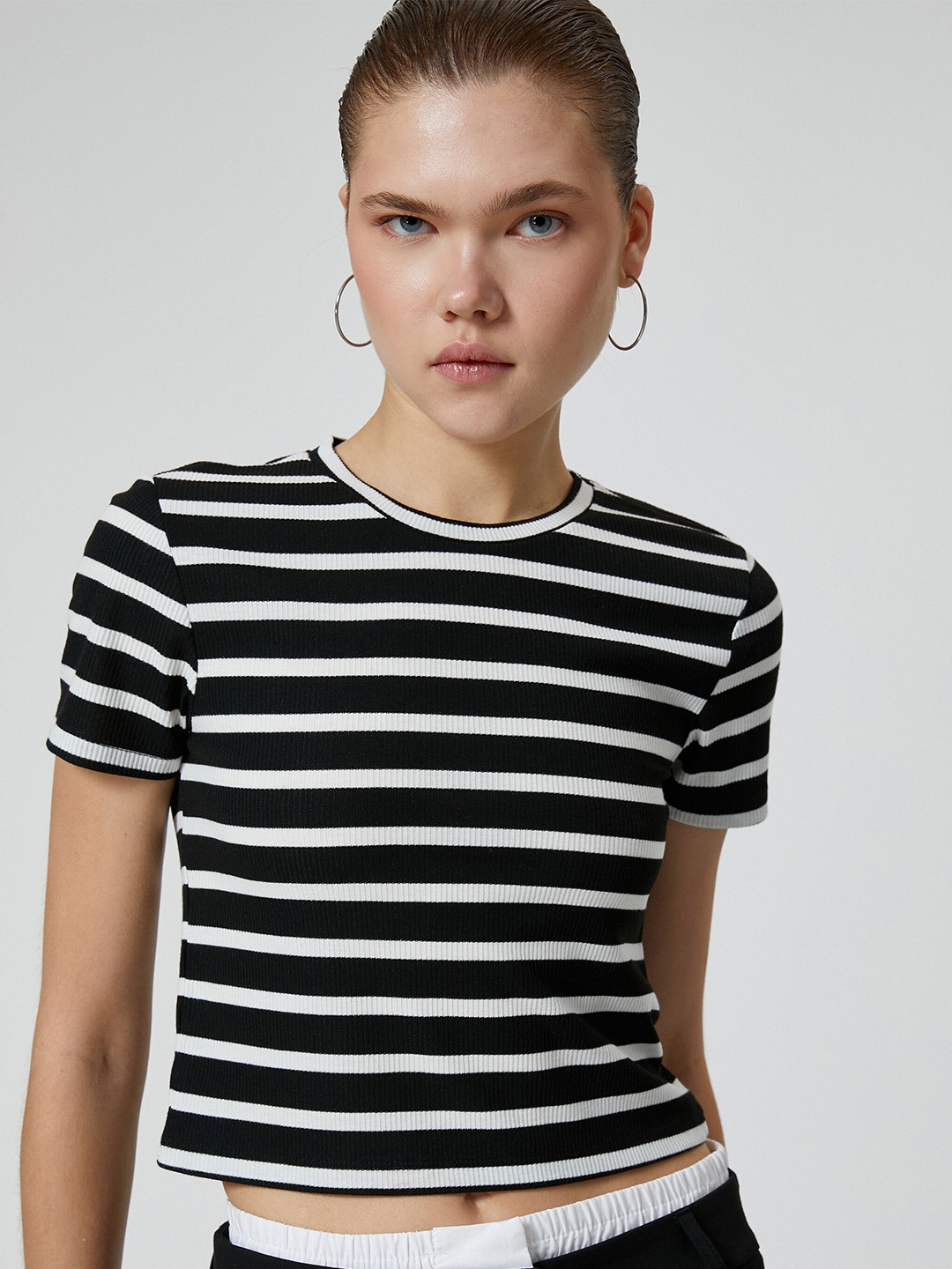 

Koton Striped Crop T-Shirt, Black