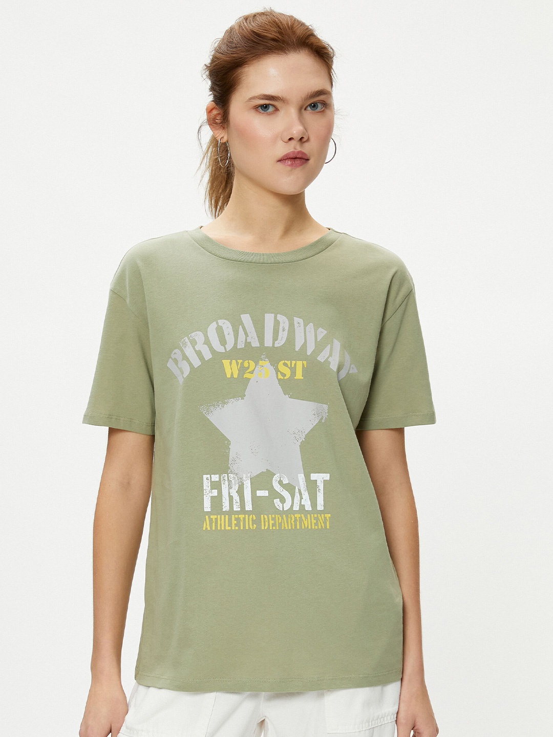 

Koton Typography Printed Round Neck Pure Cotton T-shirt, Khaki