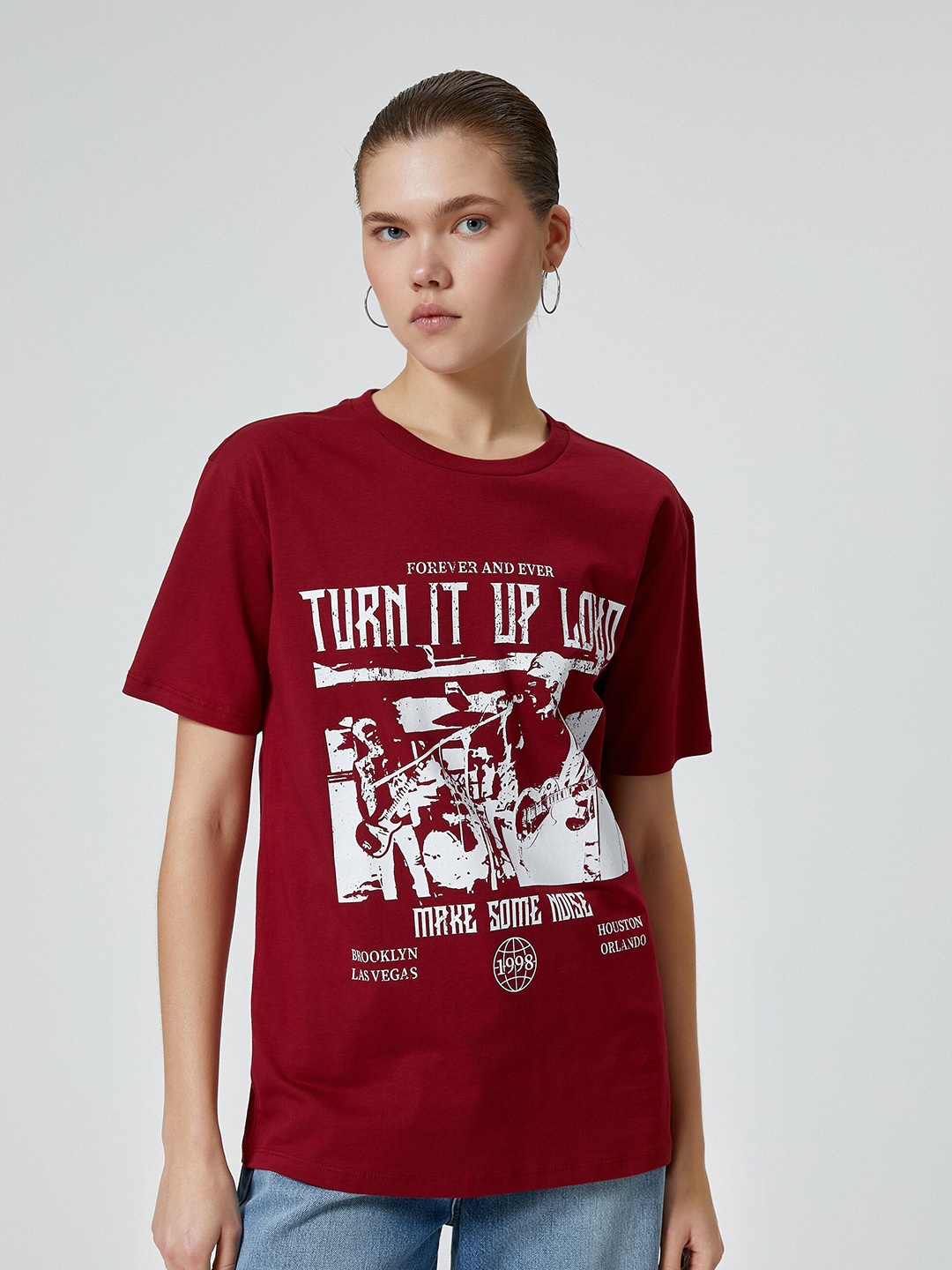 

Koton Graphic Printed Pure Cotton T-shirt, Maroon