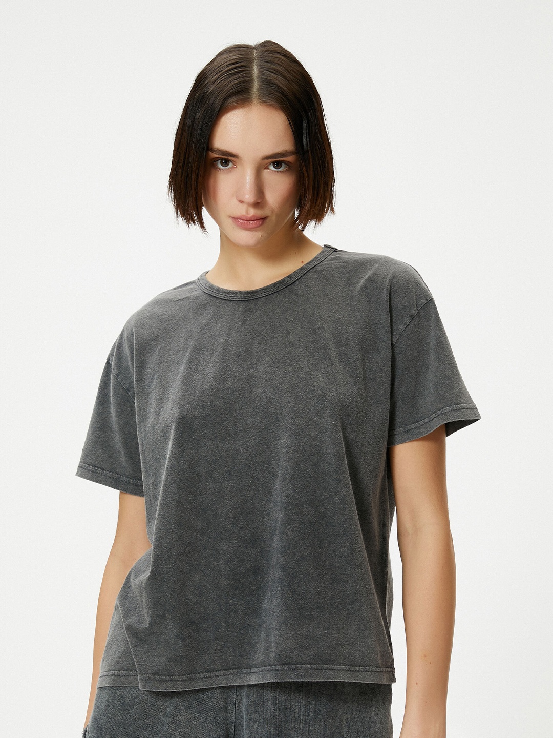 

Koton Drop-Shoulder Oversized Pure Cotton T-shirt, Charcoal