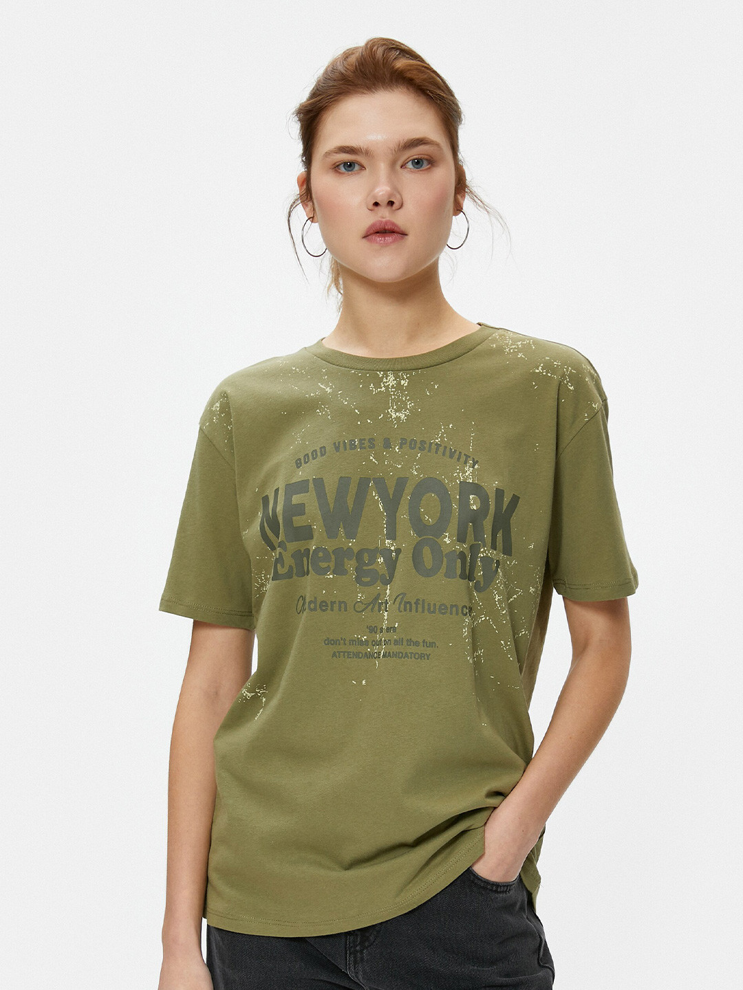 

Koton Typography Printed Drop Shoulder Sleeves Pure Cotton T-Shirt, Olive