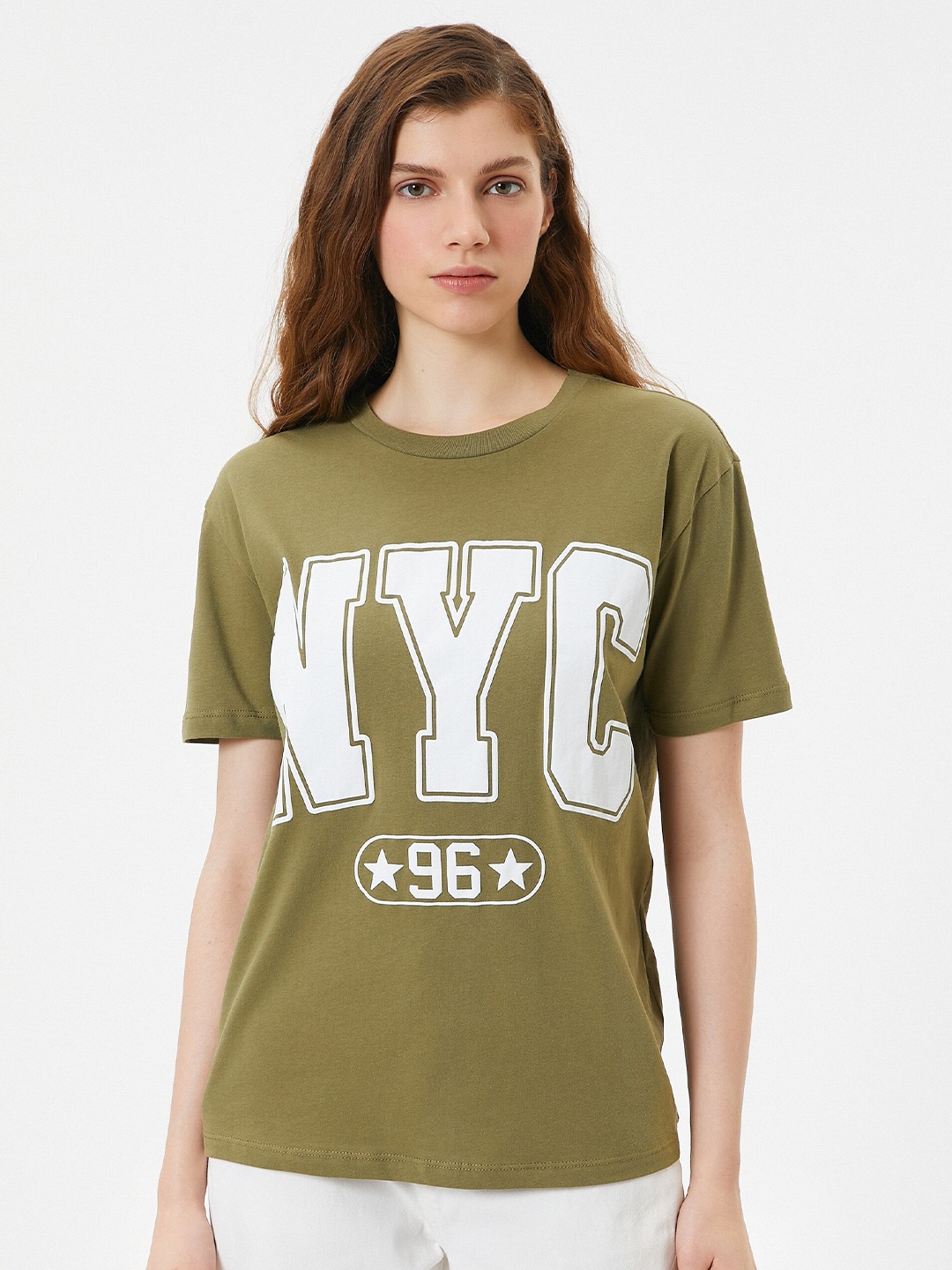 Koton Typography Printed Drop-Shoulder Sleeves Cotton T-shirt, Khaki