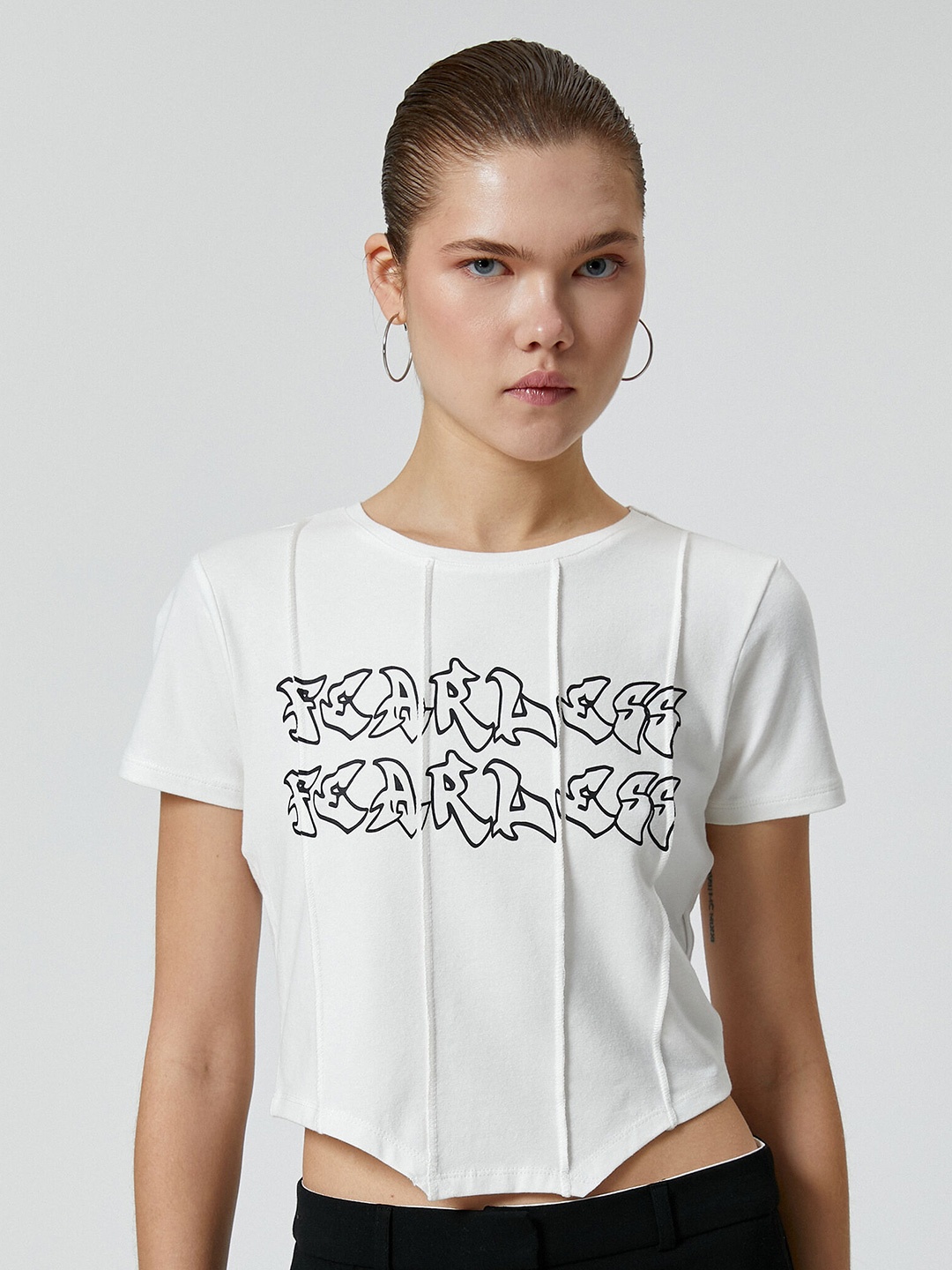 Koton Typography Printed Slim Fit Crop T-shirt, White