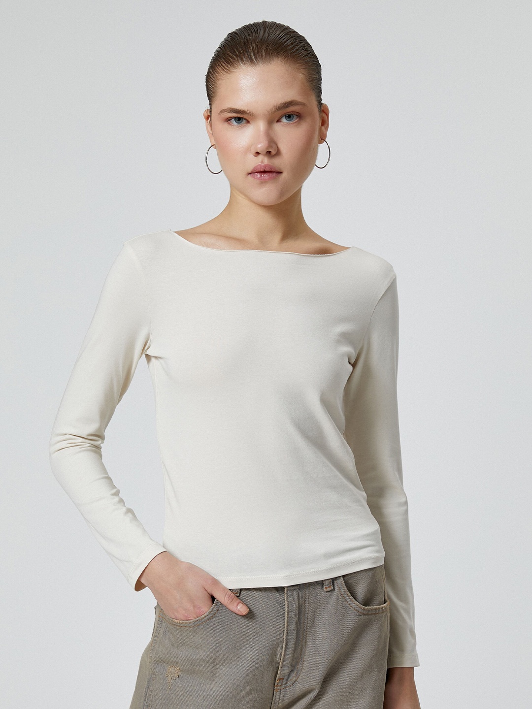 

Koton Boat Neck Slim Fit T-Shirt, Beige