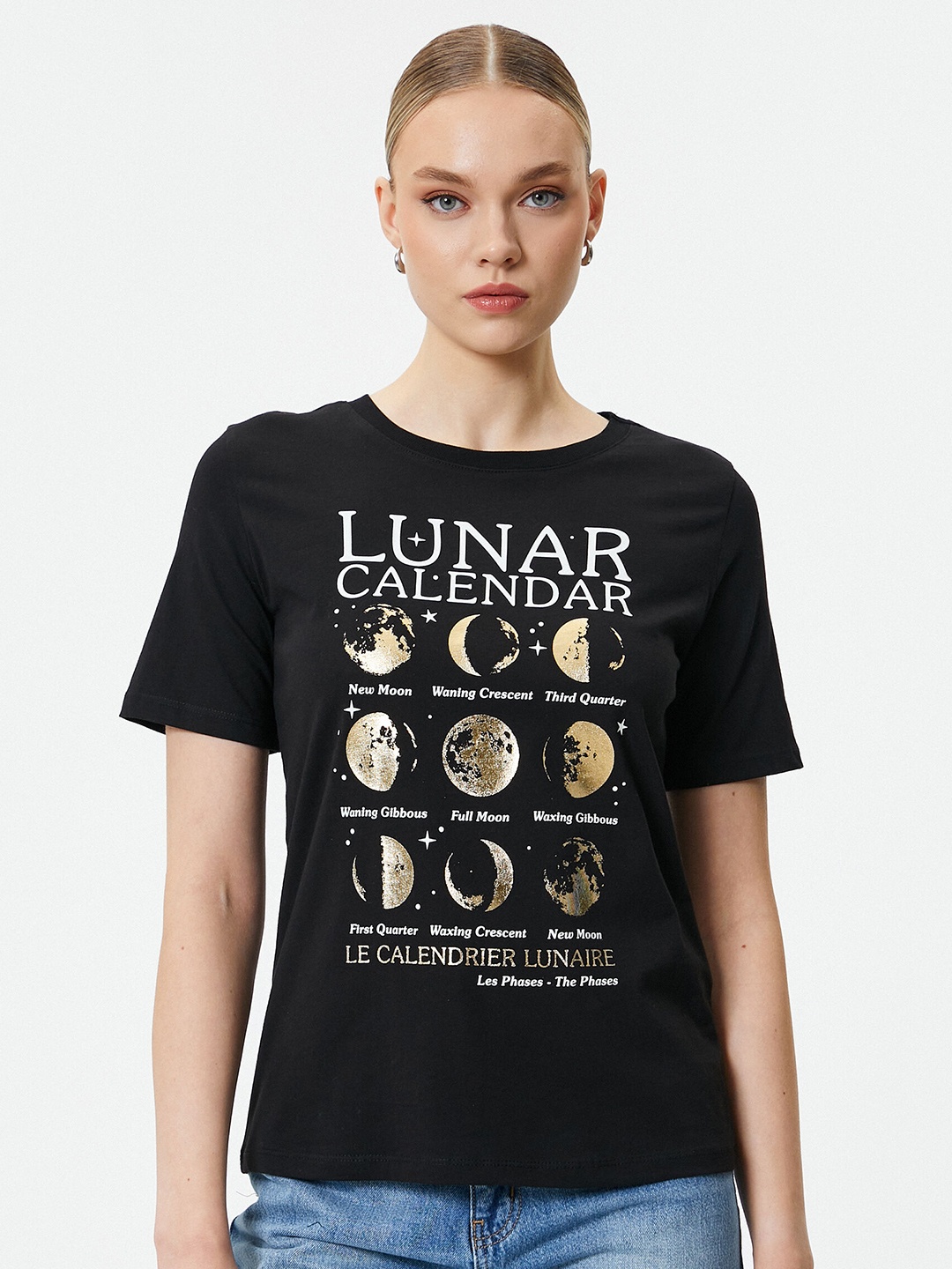 Koton Graphic Printed Round Neck Cotton T-shirt, Black