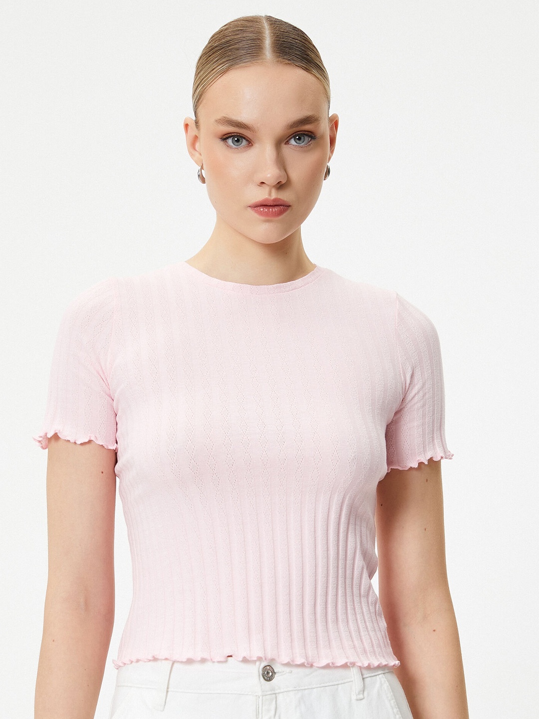 

Koton Round Neck Slim Fit Casual Crop T-shirt, Pink