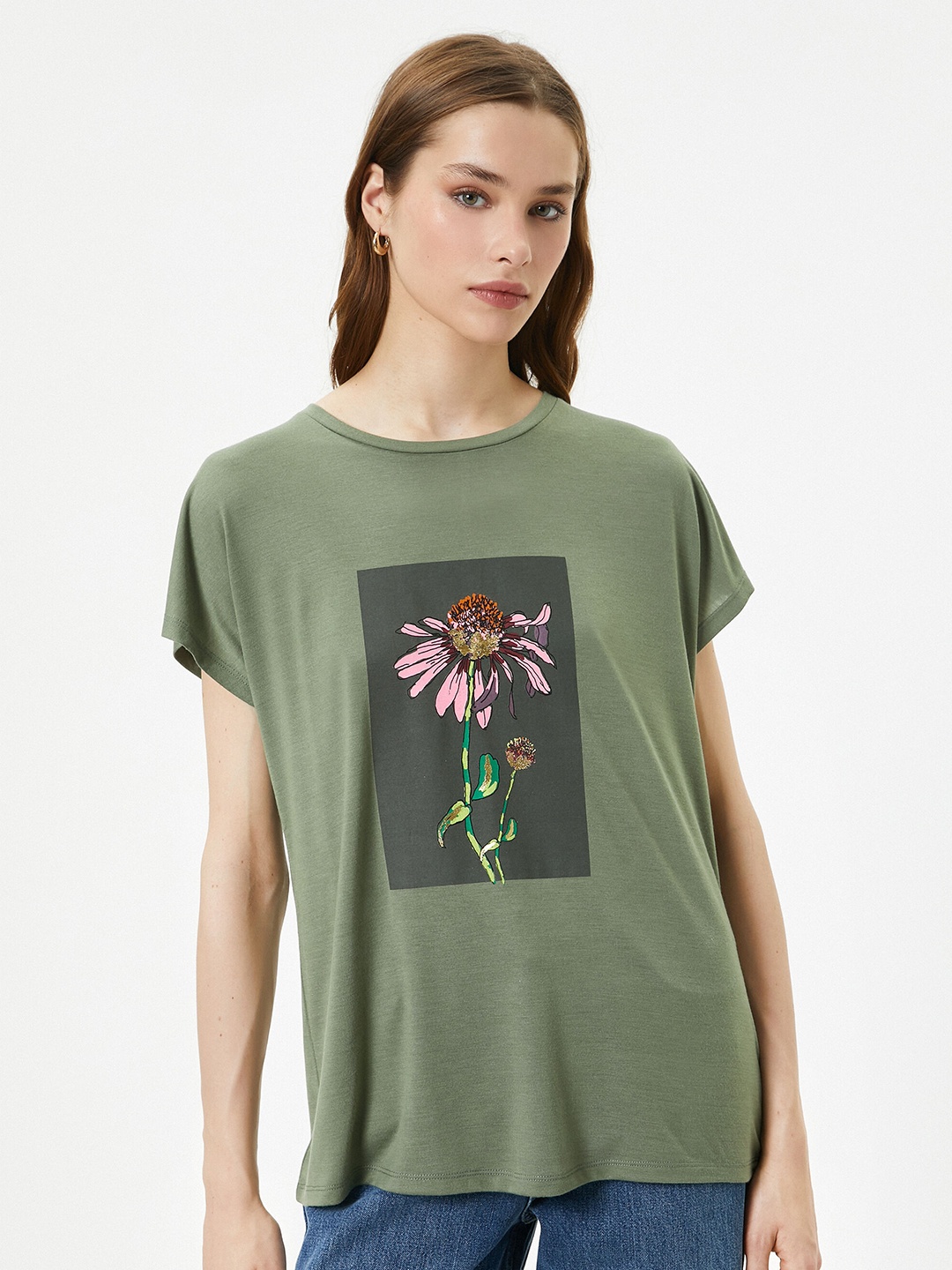 

Koton Floral Printed Extended Sleeves T-shirt, Green