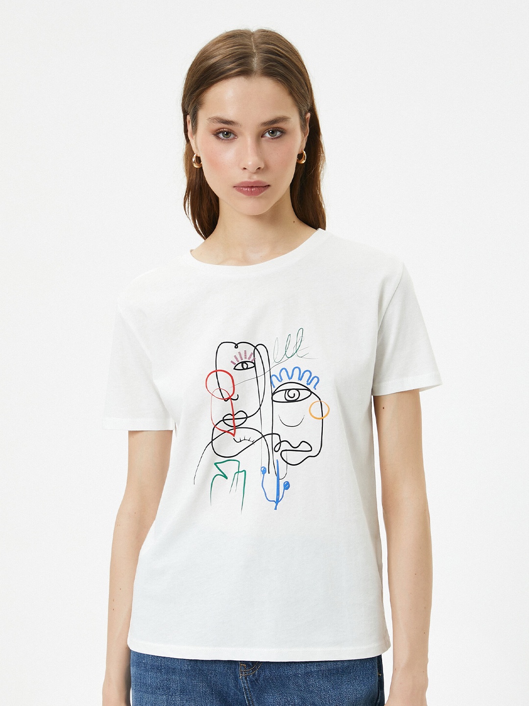 

Koton Graphic Printed Round Neck Cotton T-shirt, White