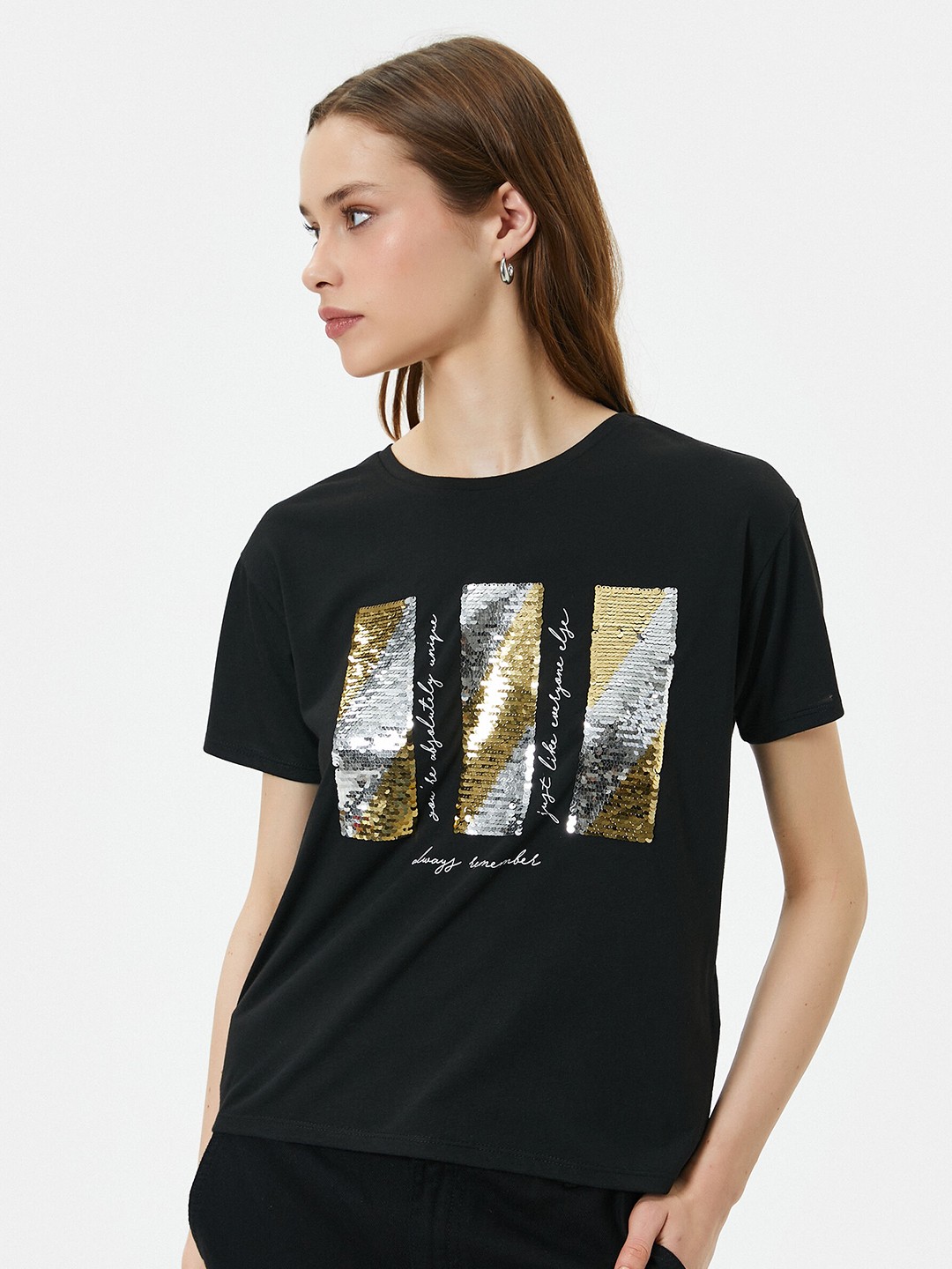

Koton Typography Printed Sequinned T-shirt, Black