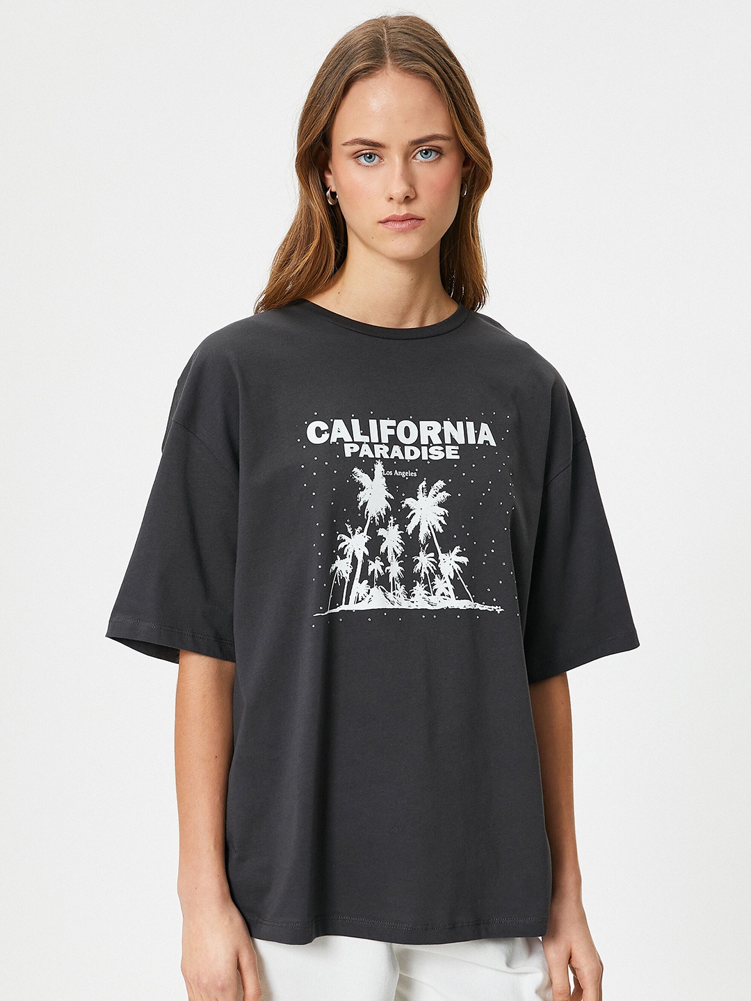 

Koton Typography Printed Drop-Shoulder Sleeves Pure Cotton Oversized T-shirt, Grey
