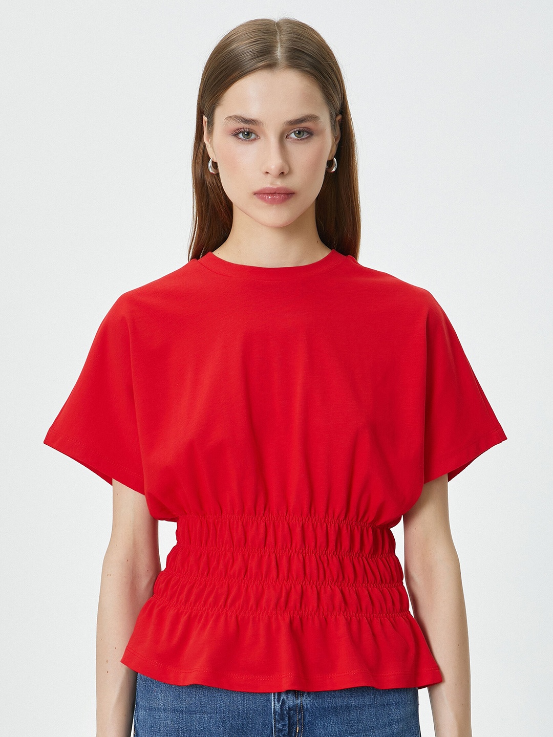 

Koton Extended Sleeves Smocked Pure Cotton Cinched Waist Top, Red