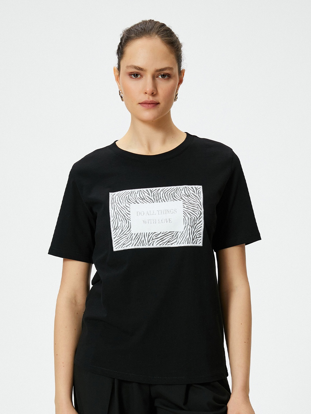 Koton Typography Printed Round Neck Cotton T-shirt, Black