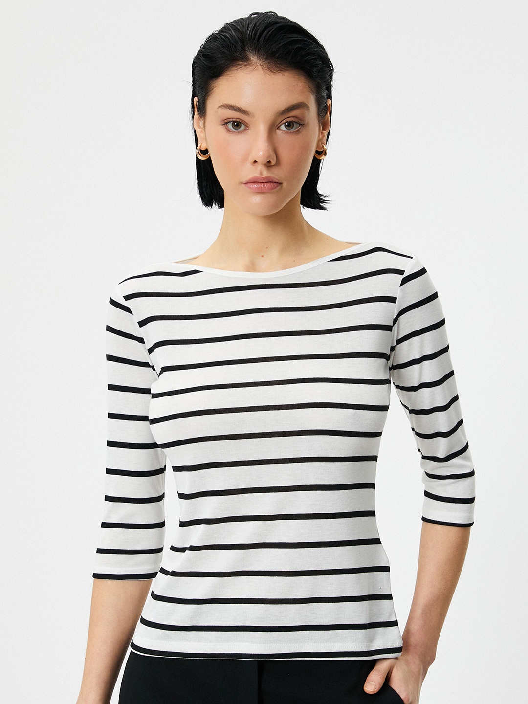 

Koton Striped Boat Neck T-shirt, Black