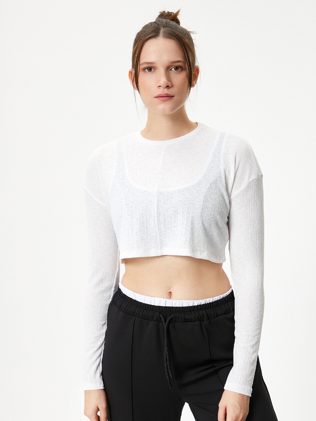 

Koton Drop-Shoulder Sleeves Cut Outs Crop T-shirt, White