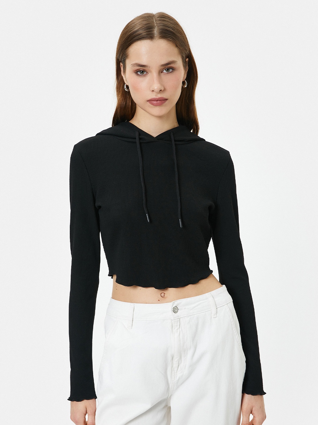 

Koton Hooded Long Sleeves Raw Edge Corp T-shirt, Black